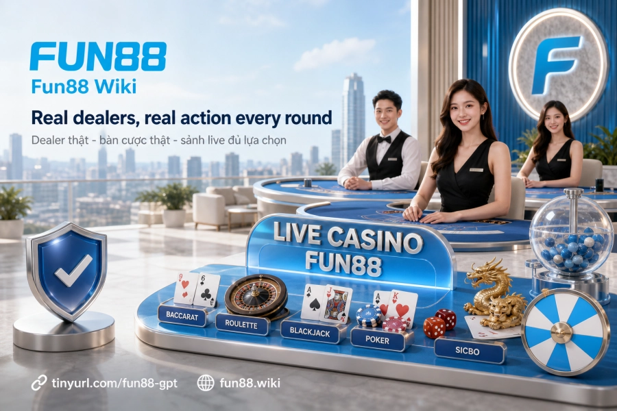 Fun88 live casino dealer asli Baccarat Roulette Blackjack Poker Sicbo penyedia internasional